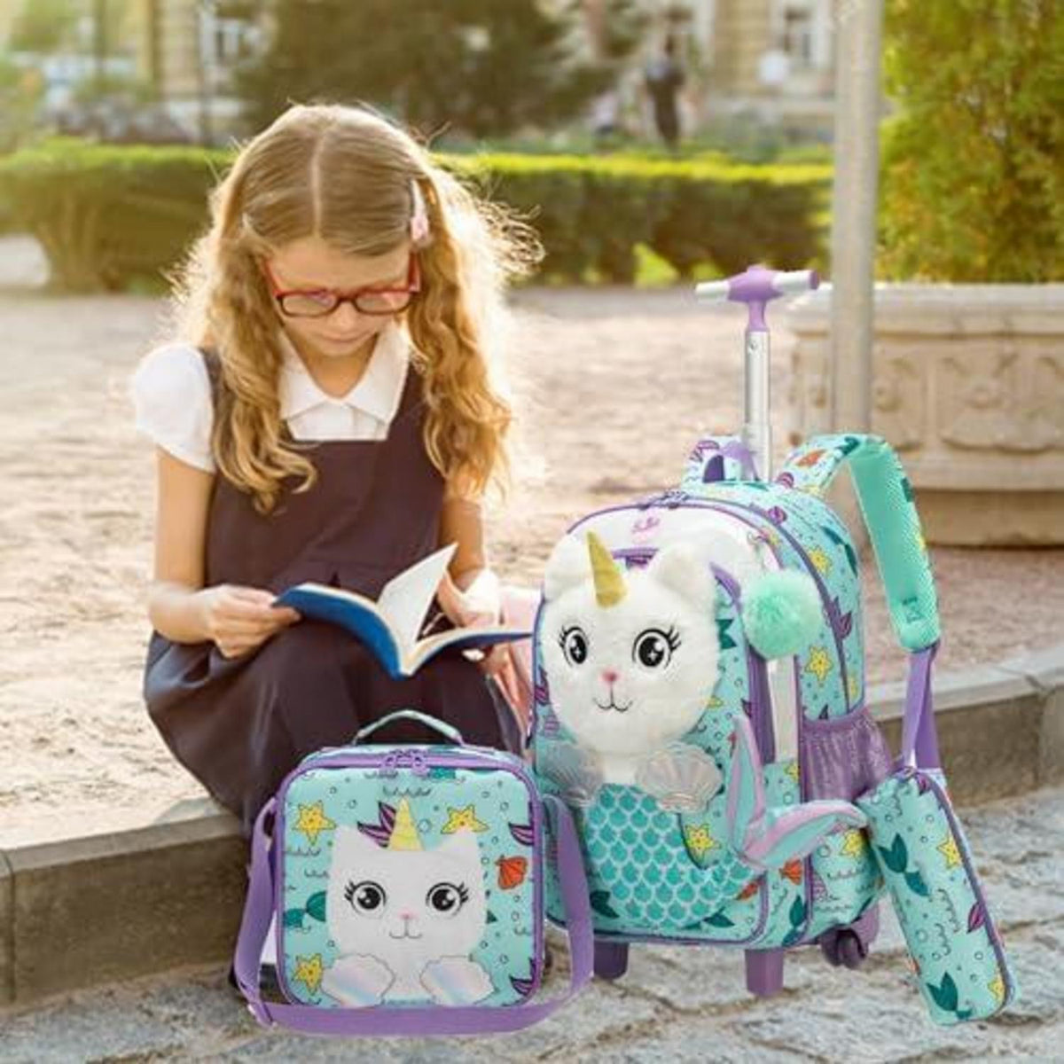Schulranzen mit Rollen für Mädchen – 3-teiliges Set mit Snackbeutel