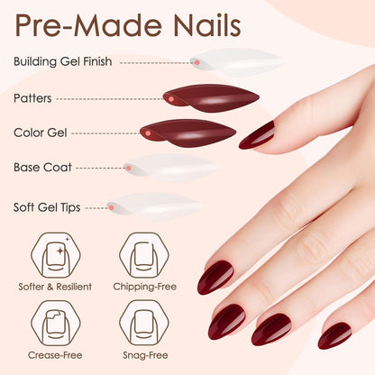 240 Press On Nails Mandel Kurz Weinrot – 10 Größen Falsche Nägel