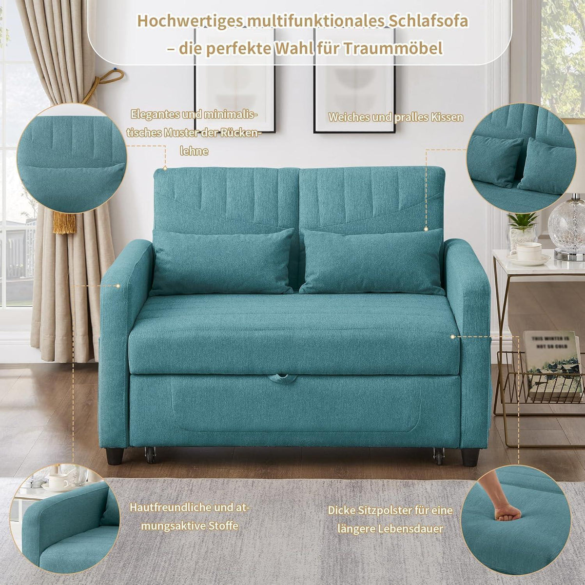 Schlafcouch Zweisitzer mit Bettkasten, Blaugrün