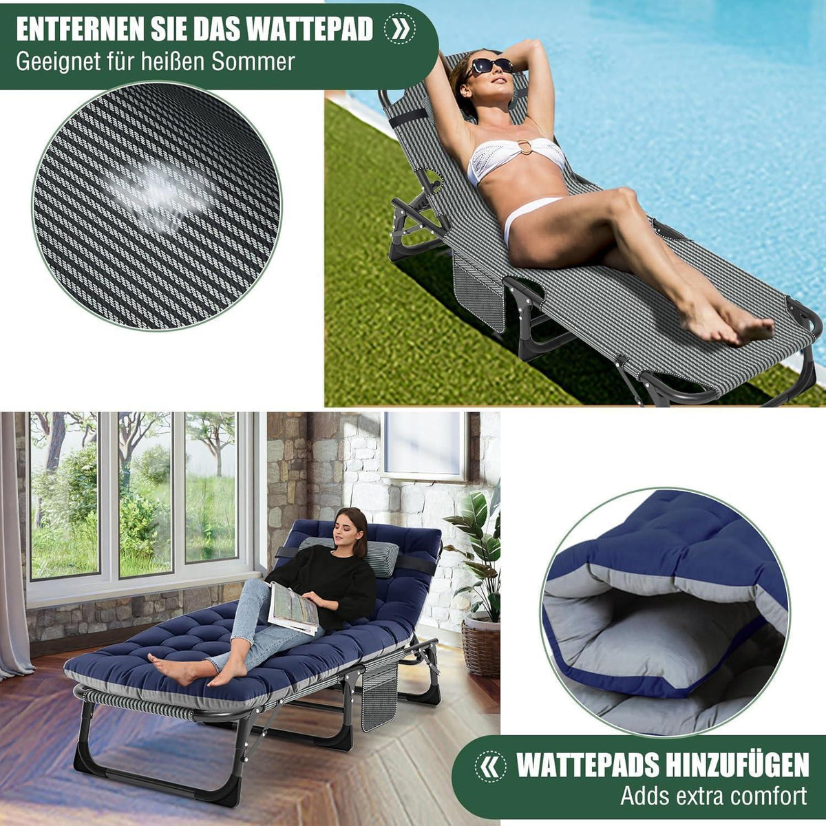 Klappbare Sonnenliege mit Matratze und Nackenkissen, 200kg belastbar