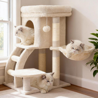 Kleiner Kratzbaum für Katzen mit Hängematte & Katzenhaus