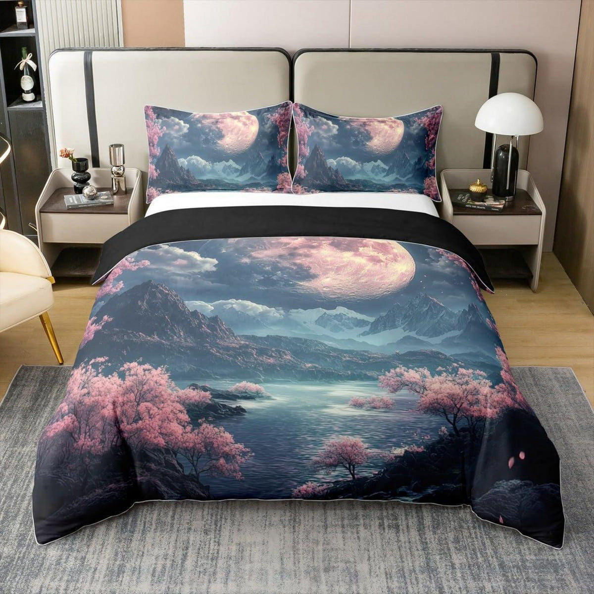 100% Baumwolle Bettbezug Set Sakura Kirschblüten Rosa Indigo