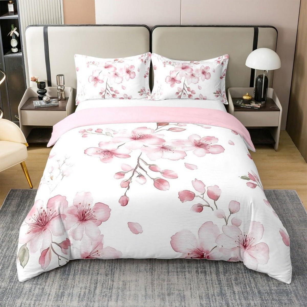 100% Baumwoll Bettbezug Set Sakura Kirschblüte Rosa Weiß