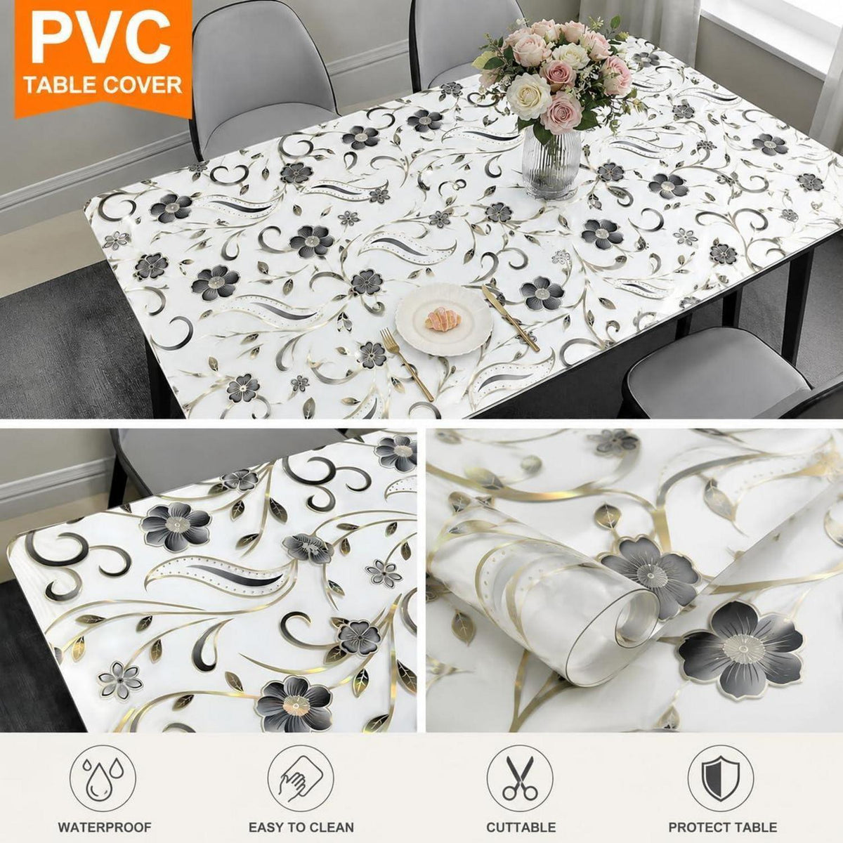 Tischfolie Transparent Blumenmuster 100x240 cm – Rutschfest & Kratzfest