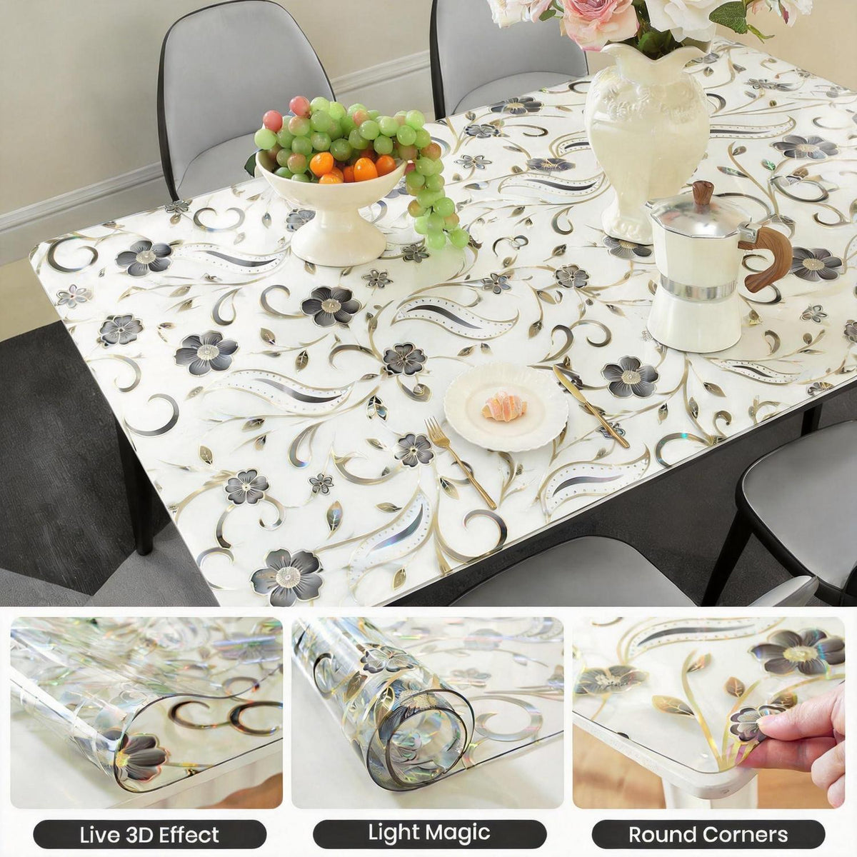 Tischfolie Transparent Blumenmuster 100x180 cm – Rutschfest & Kratzfest