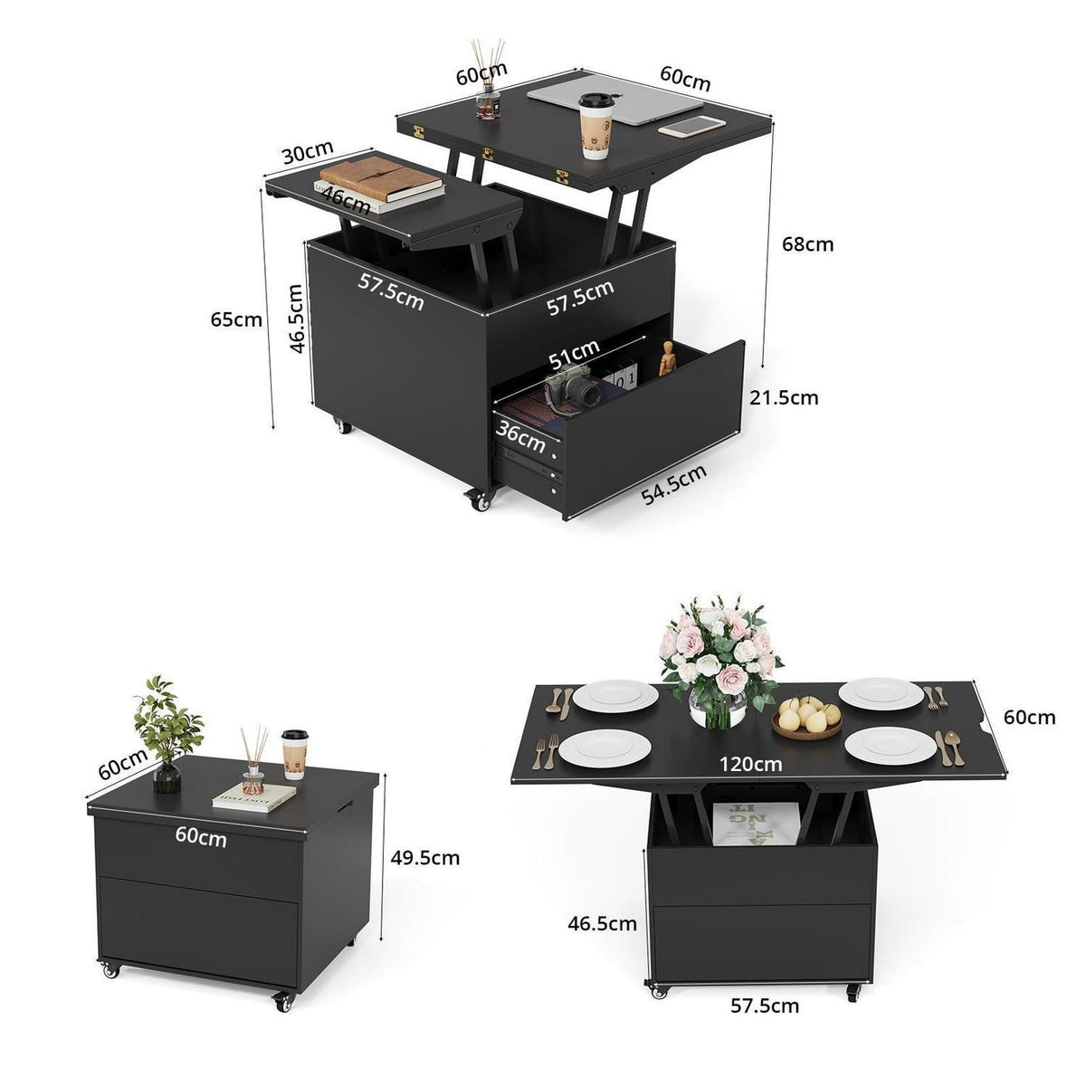 Höhenverstellbarer Couchtisch 120x60cm – Schwarz & Multifunktional