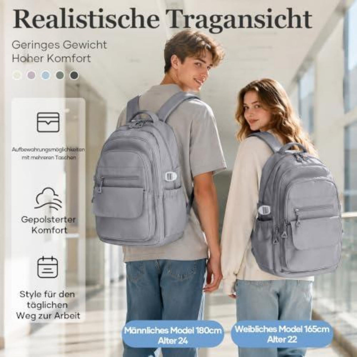 Schulrucksack Groß Grau mit Laptopfach – Wasserfester Tagesrucksack