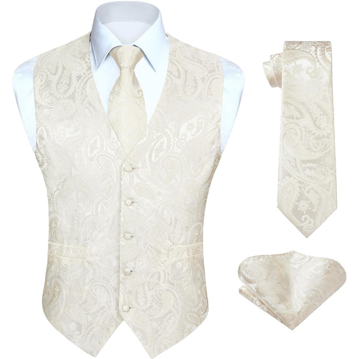 Herren Weste Krawatte Einstecktuch Set Beige Paisley Seide