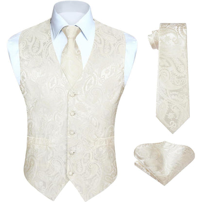Herren Weste Krawatte Einstecktuch Set Beige Paisley Seide