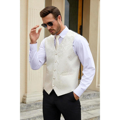 Herren Weste Krawatte Einstecktuch Set Beige Paisley Seide