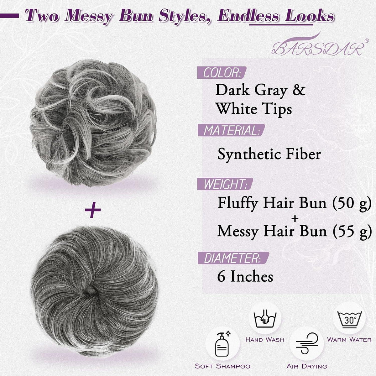 2x Messy Bun Haarteil – Dunkel Grau & Weiße Tipps