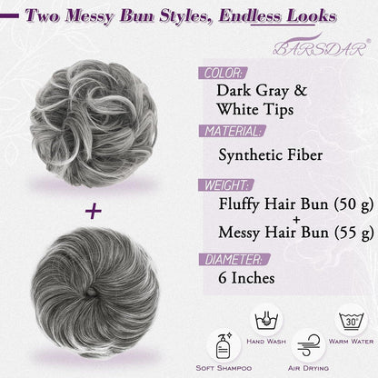 2x Messy Bun Haarteil – Dunkel Grau & Weiße Tipps