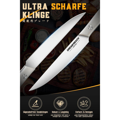 Steakmesser Set 8-teilig | Extra Scharfes Edelstahl-Besteck Silberweiß