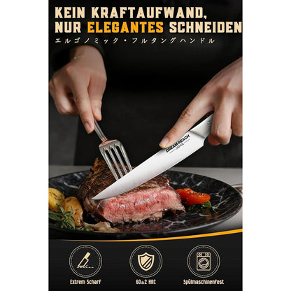 Steakmesser Set 8-teilig | Extra Scharfes Edelstahl-Besteck Silberweiß