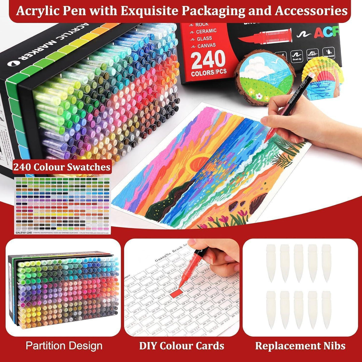 Acrylstifte Set 240 Farben | Pinselspitze | Zum Bemalen & Zeichnen