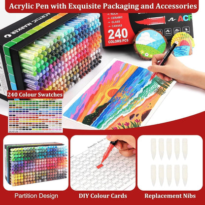 Acrylstifte Set 240 Farben | Pinselspitze | Zum Bemalen & Zeichnen