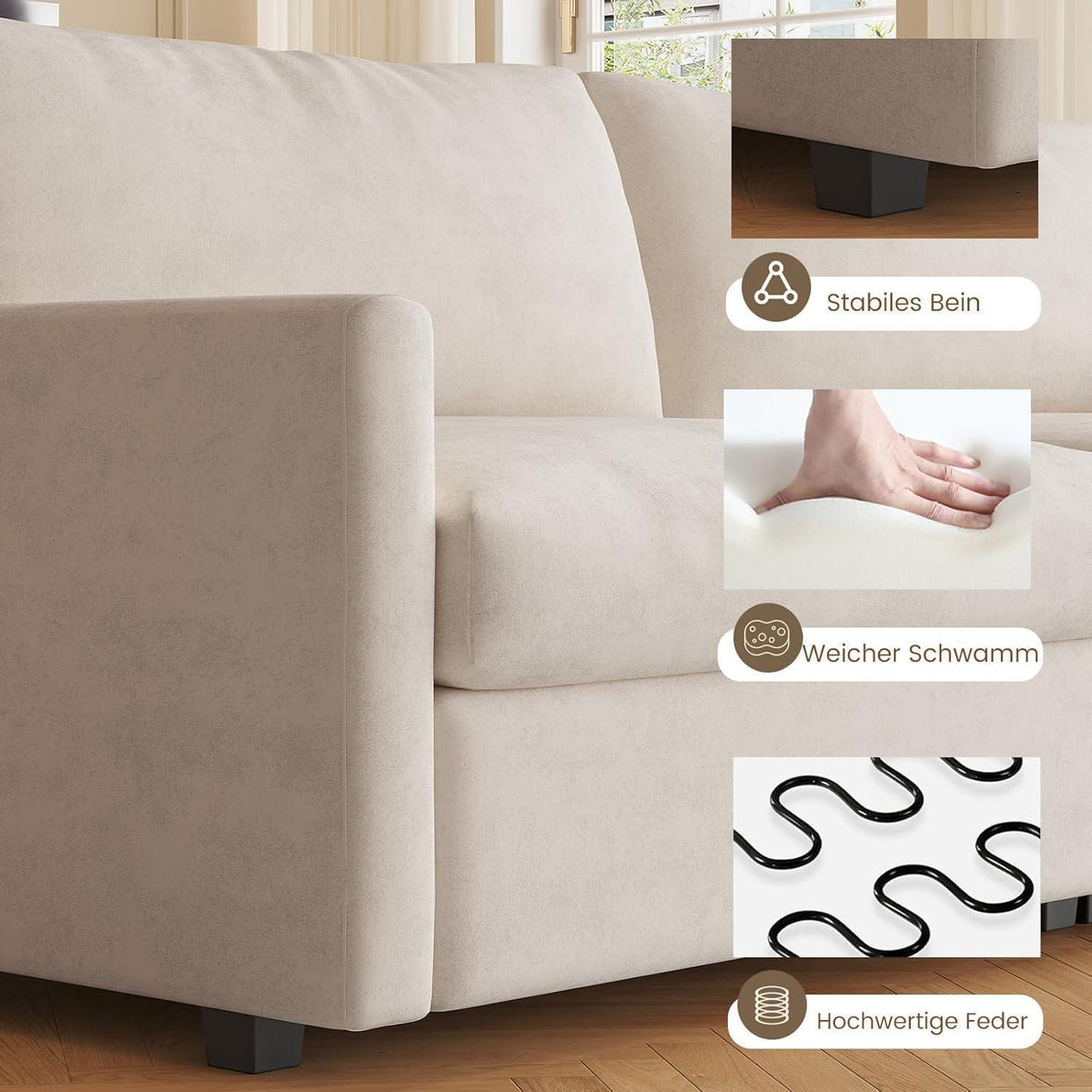 3-Sitzer Stoffsofa 190 cm – Modernes Wohnzimmer Sofa Beige