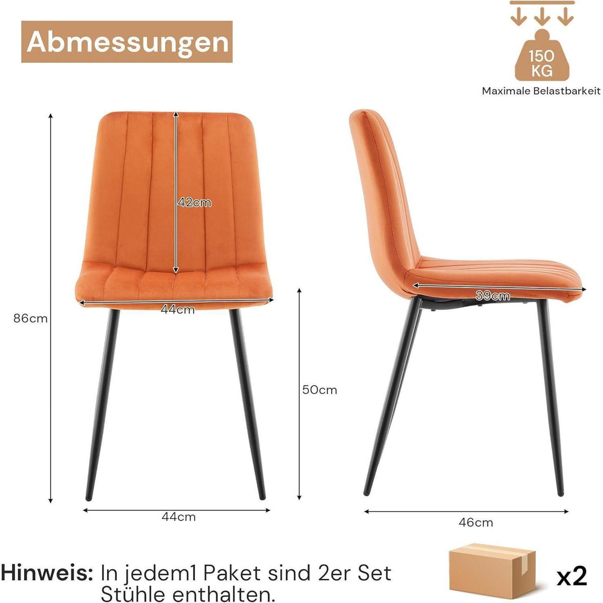 Samt Esszimmerstühle 4er Set – Orange, Gepolstert & Stabil