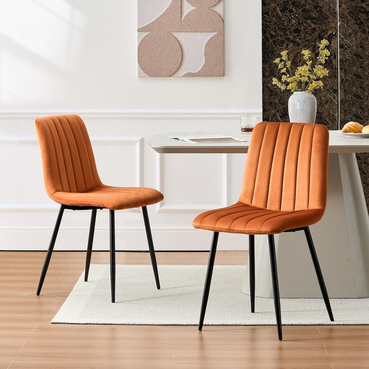 Samt Esszimmerstühle 4er Set – Orange, Gepolstert & Stabil