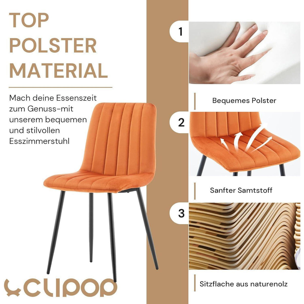 Samt Esszimmerstühle 6er Set – Gepolsterte Lounge Stühle Orange
