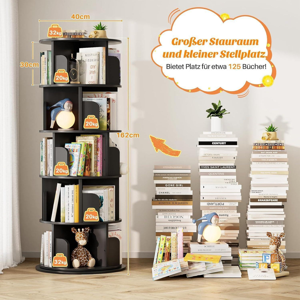 Drehbares 5-stöckiges Bücherregal aus Holz – Eckregal für kleine Räume