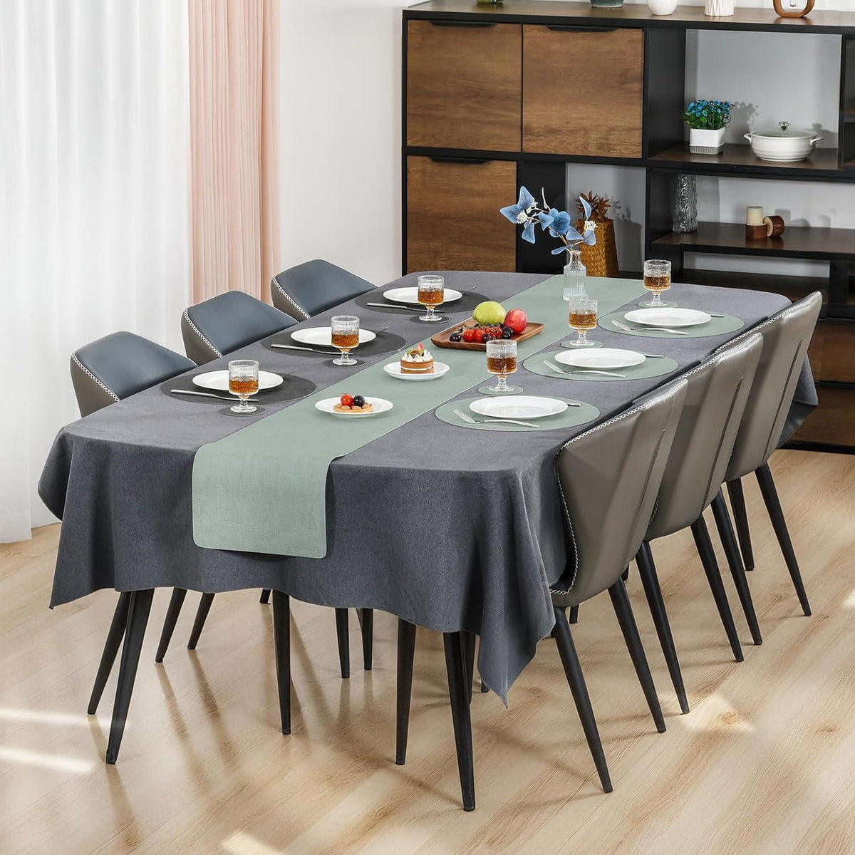 Platzsets Rund 36cm 6er Set Abwaschbar Grau Salbeigrün in Lederoptik