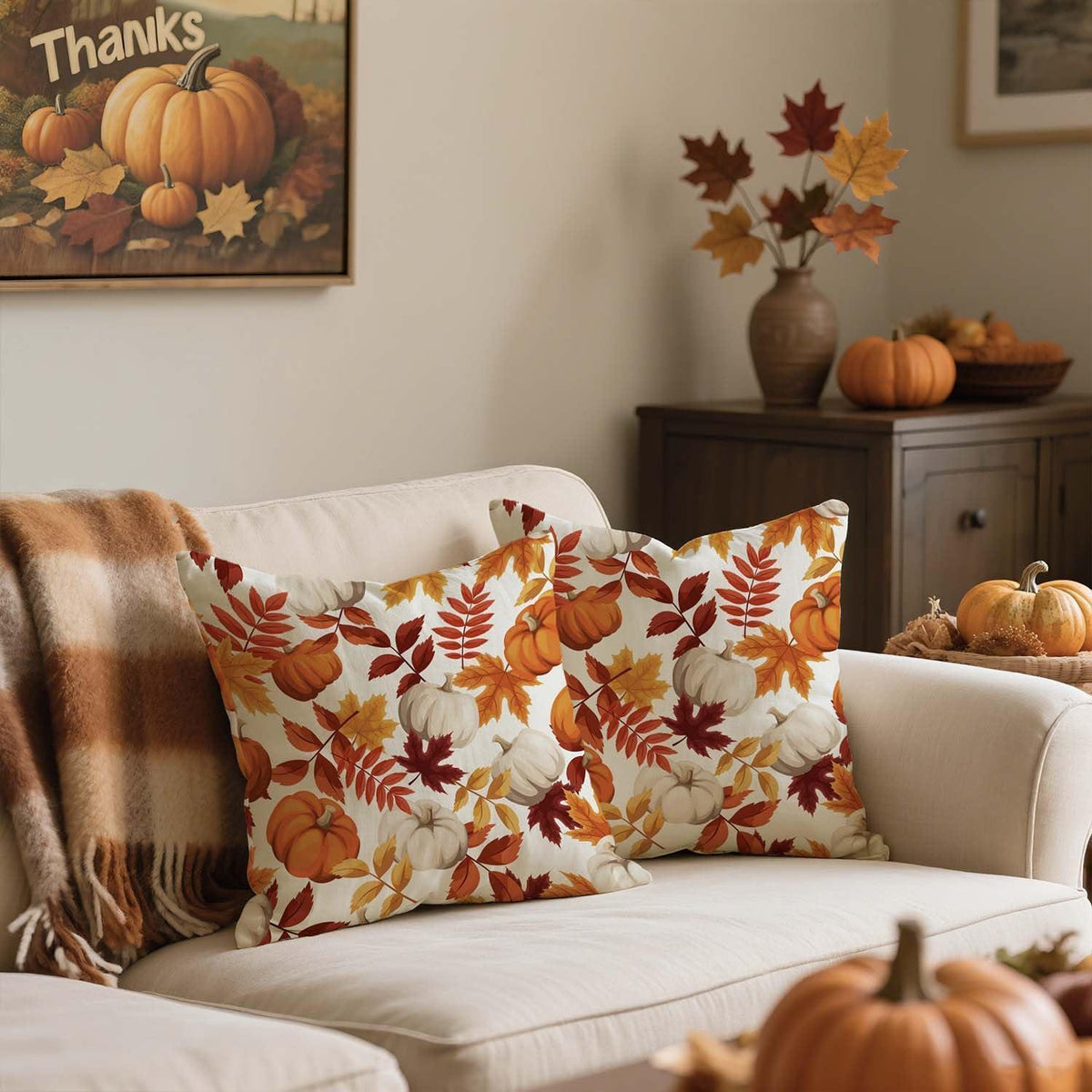 Herbst Kissenbezug 45x45 Kürbis & Blätter 2er Set