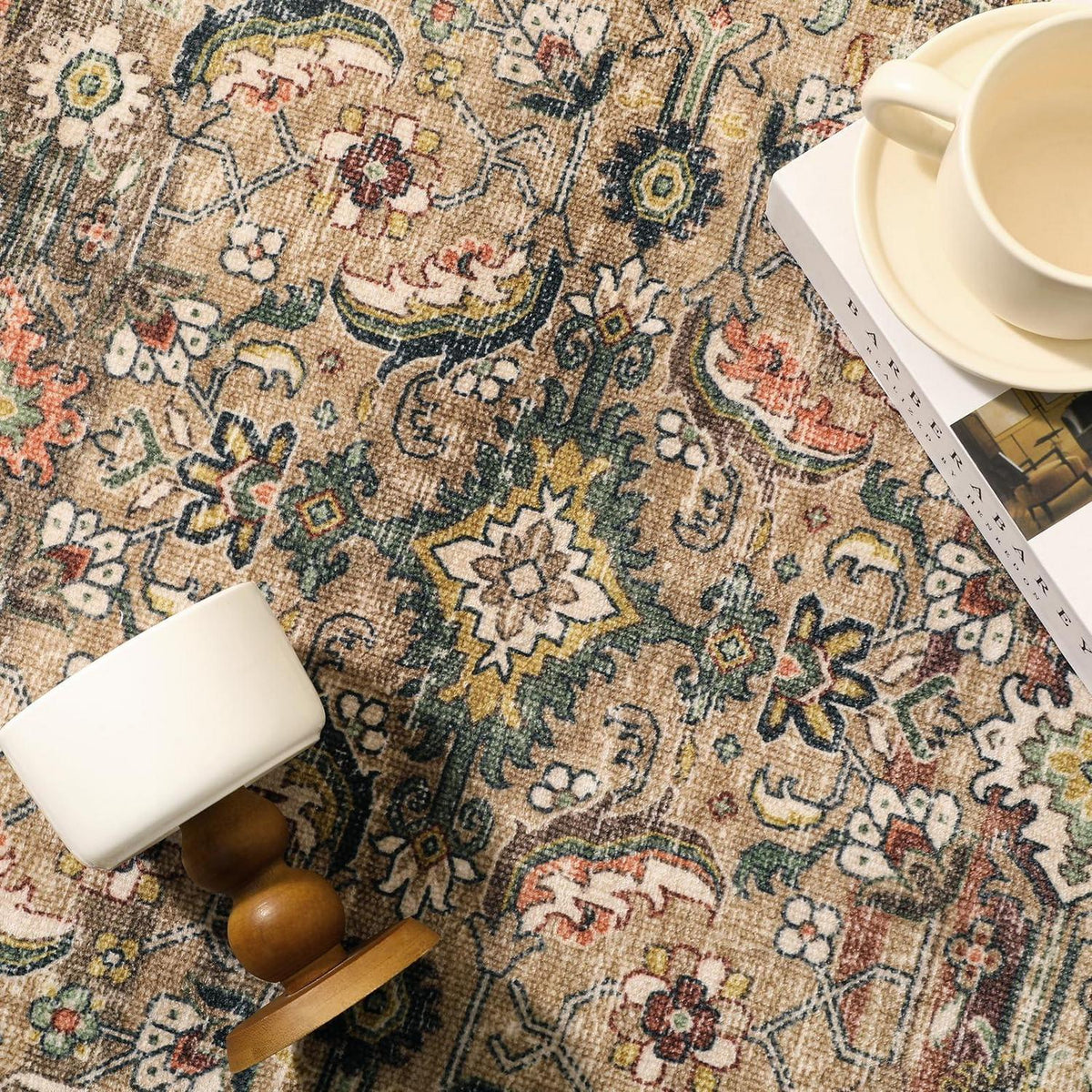Vintage Teppich Braun/Bunt 300x400cm – Waschbarer Wohnzimmerteppich Retro