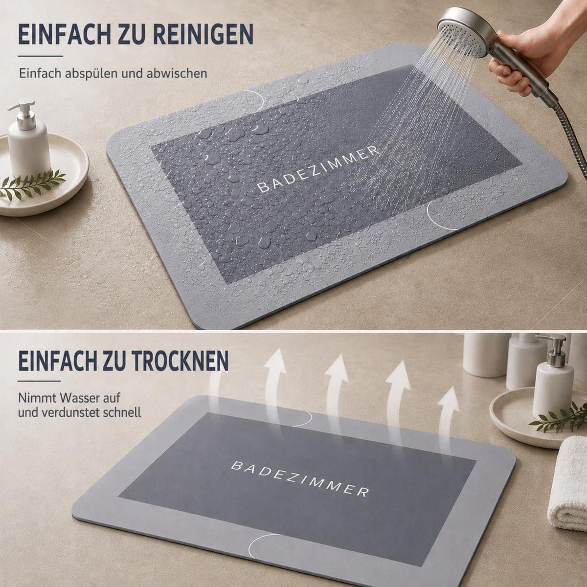 Rutschfeste Badematte Grau – Saugfähig & Trocknend 70x45 cm