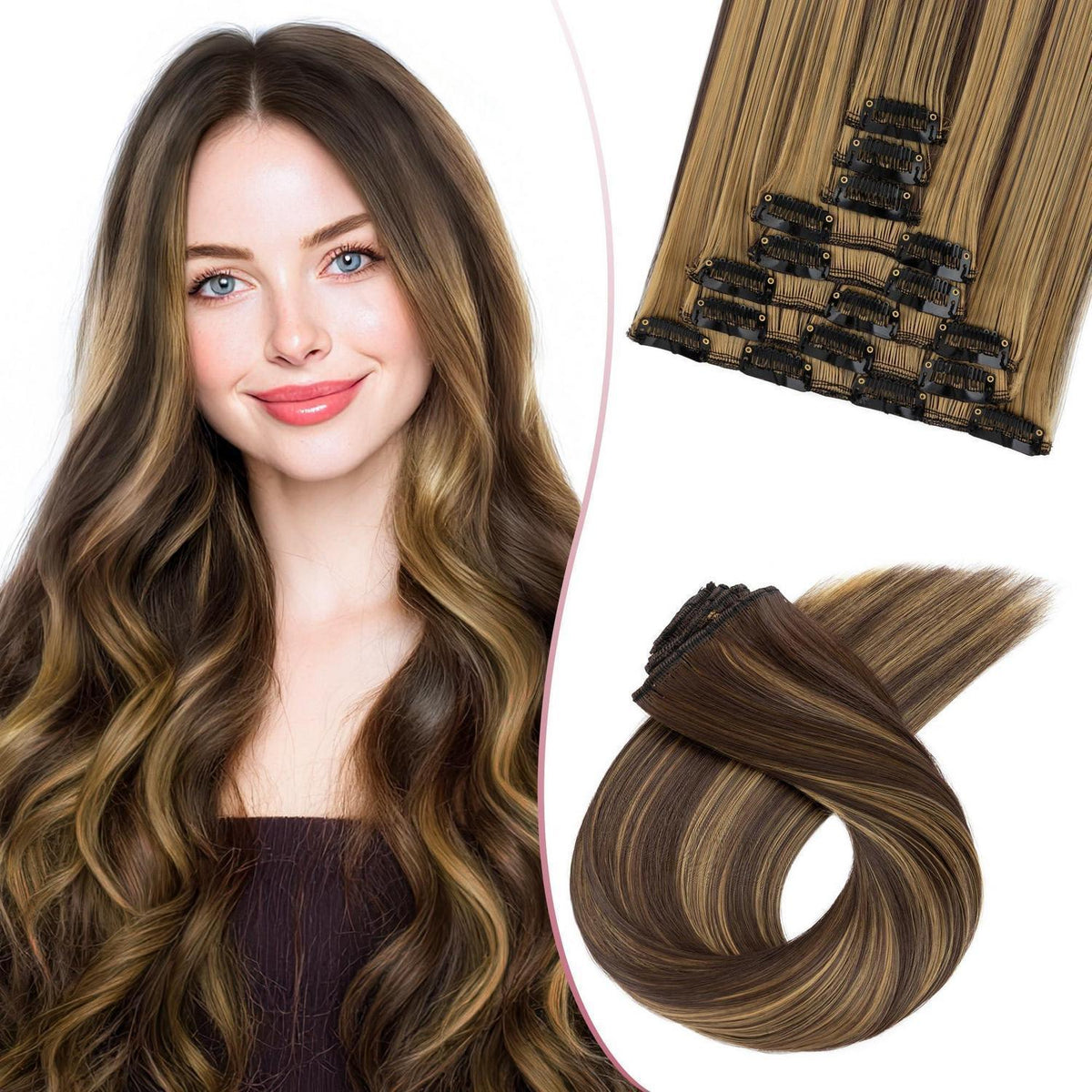 26 Zoll Clip-in Haarverlängerung Gerade Highlights Hellbraun & Blond