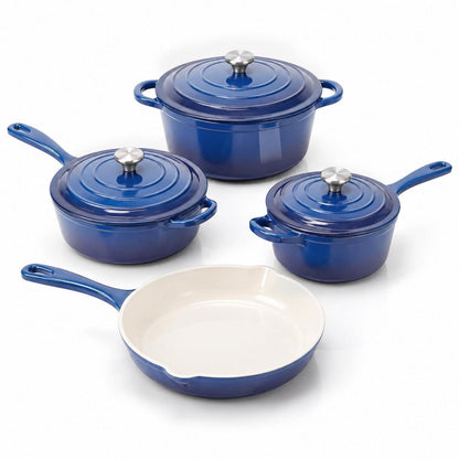 4-teiliges Gusseisen Kochset mit Emaille – Bräter, Töpfe & Pfannen
