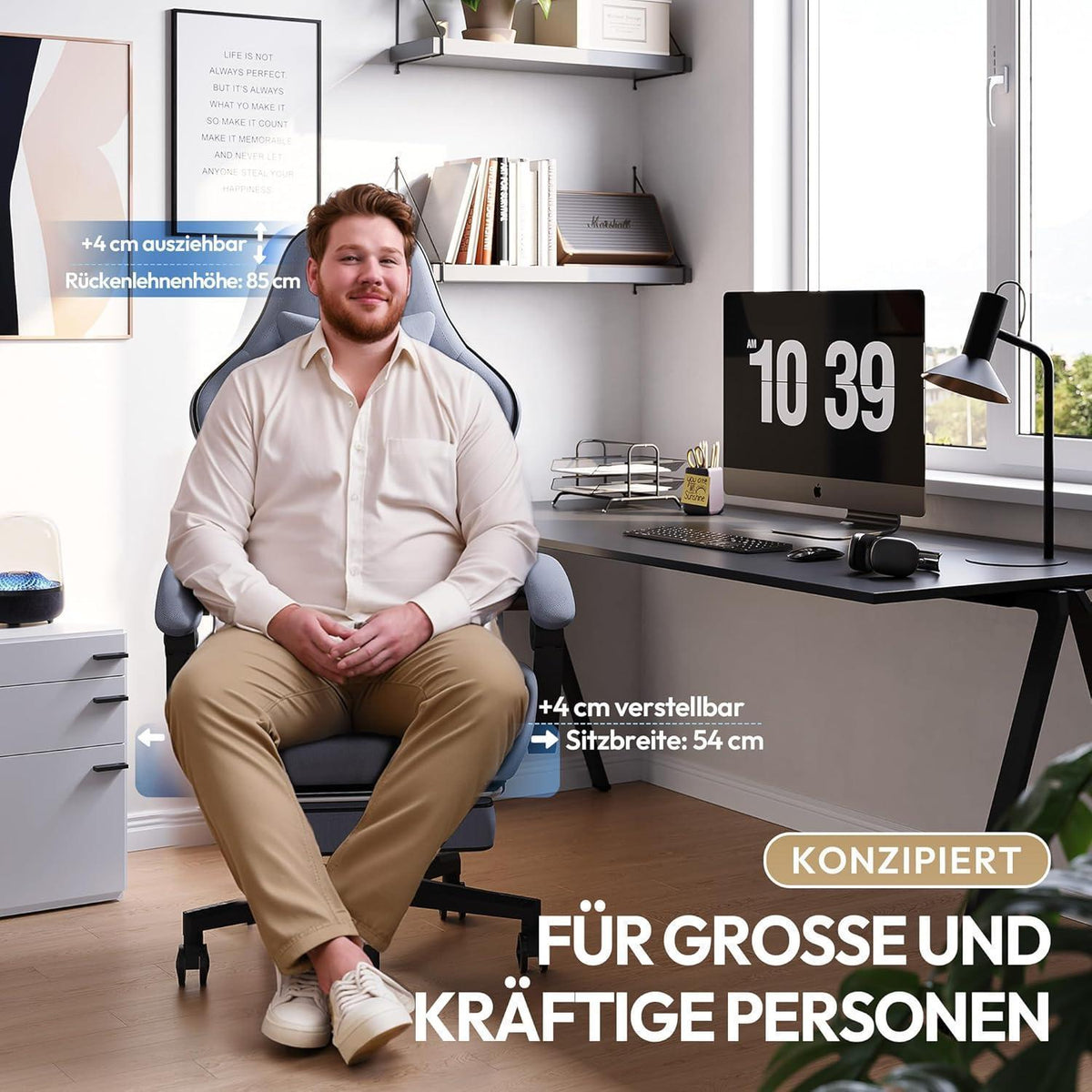 Ergonomischer Gaming-Stuhl mit Fußstütze und Netzgewebe (Grau Übergröße)