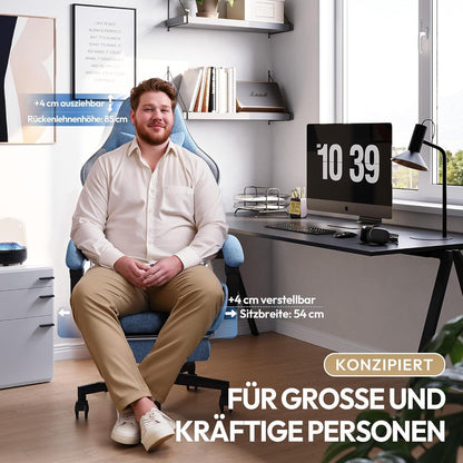 Ergonomischer Gaming-Stuhl mit Fußstütze und Netzgewebe (Blau, Übergröße)