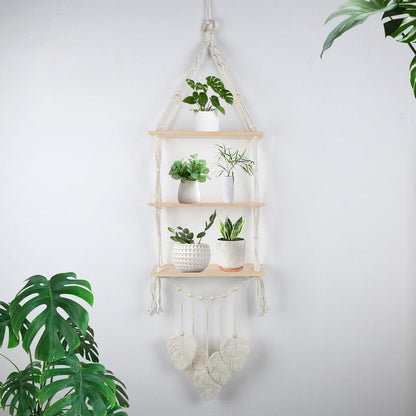 Wandregal Makramee Holz 3-Tier Boho Hängeregal Beige