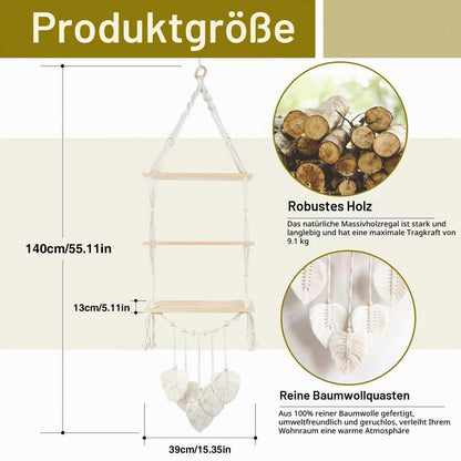Wandregal Makramee Holz 3-Tier Boho Hängeregal Beige