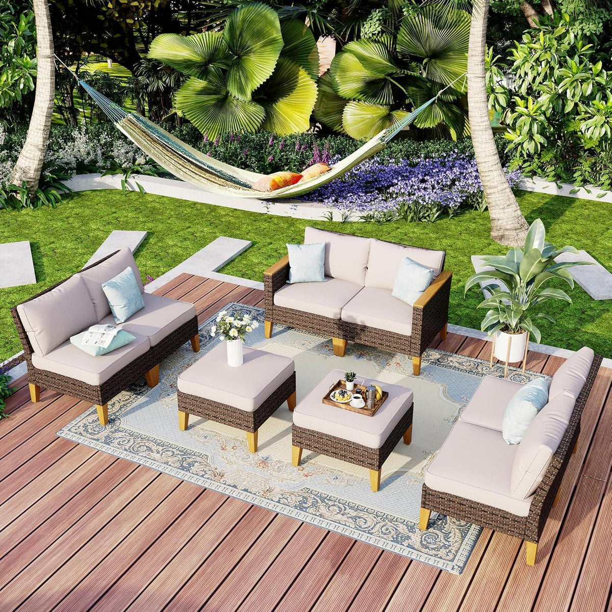 Polyrattan Lounge Set mit dicken, wasserdichten Kissen
