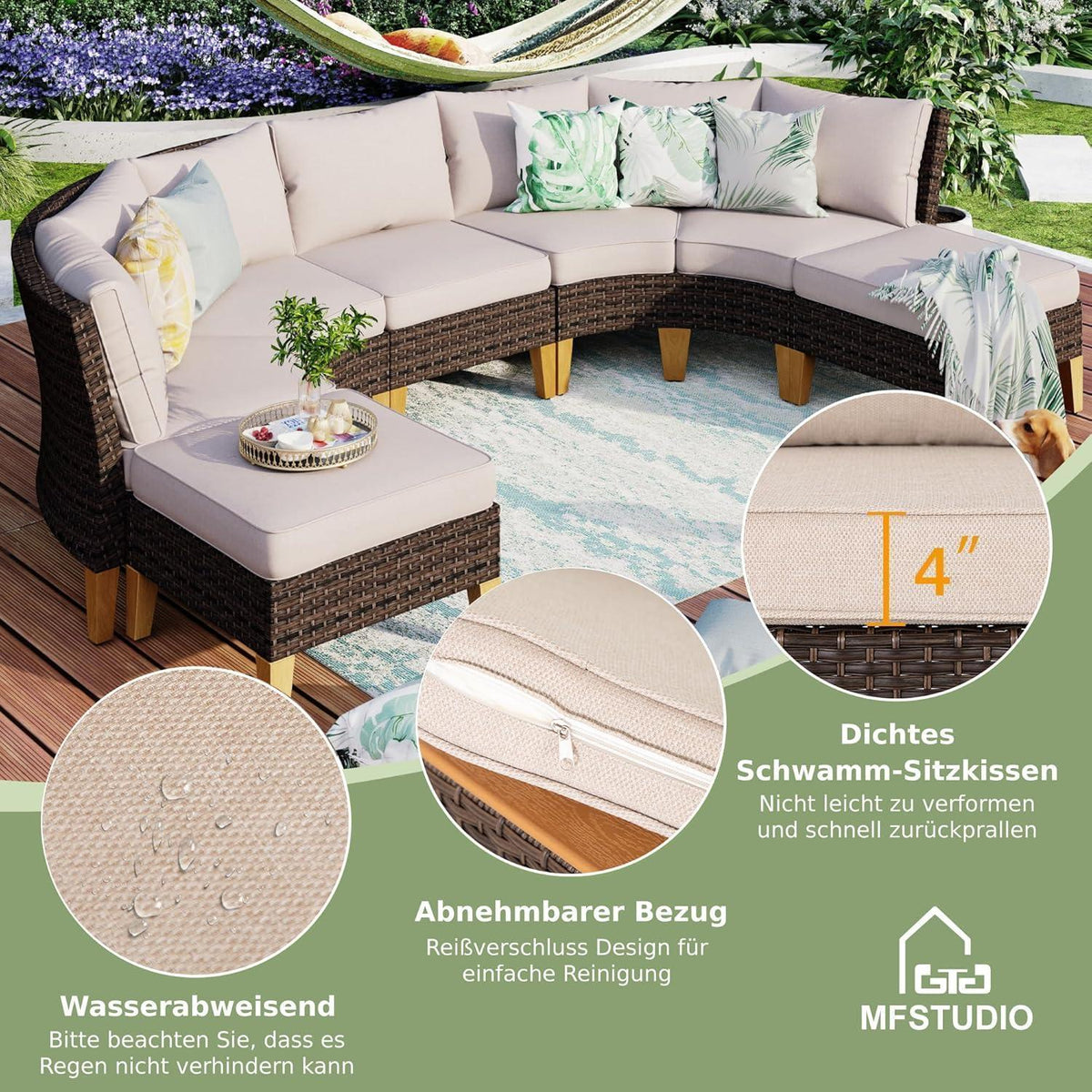 Polyrattan Lounge Set mit dicken, wasserdichten Kissen