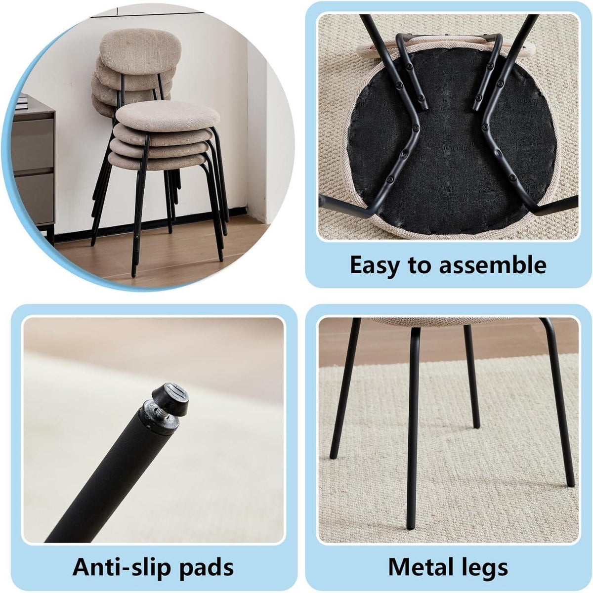 Runder Esstisch Set (100cm) mit 6 Stapelstühlen Dunkel/Khaki
