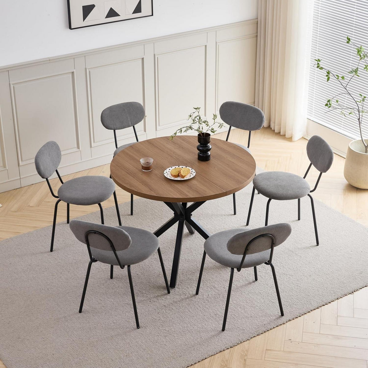 Runder Esstisch Set (100cm) mit 6 Stapelstühlen Dunkelgrau