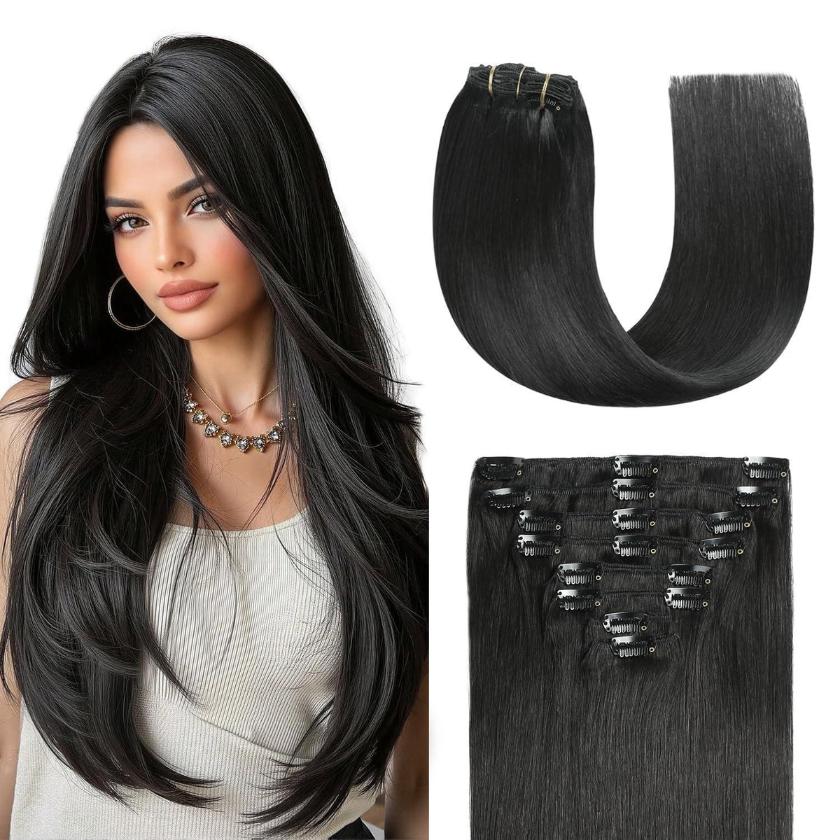 Echthaar Verlängerung Clip In – Tiefschwarz Remy Haar 55cm