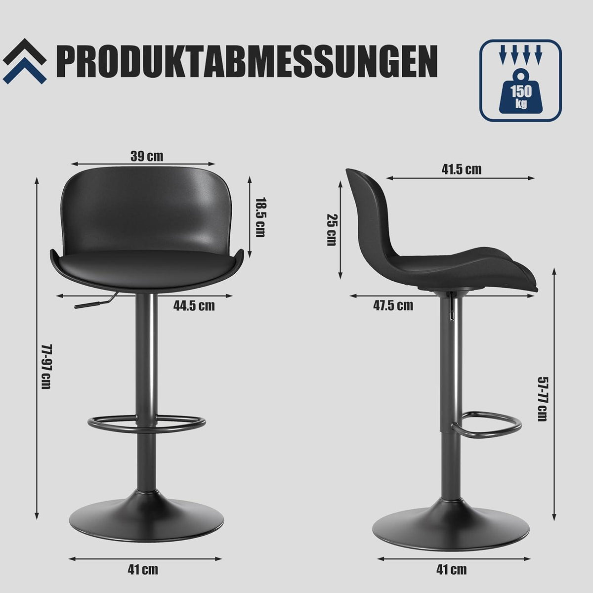 Höhenverstellbarer Barhocker 2er Set Schwarz mit Fußstütze