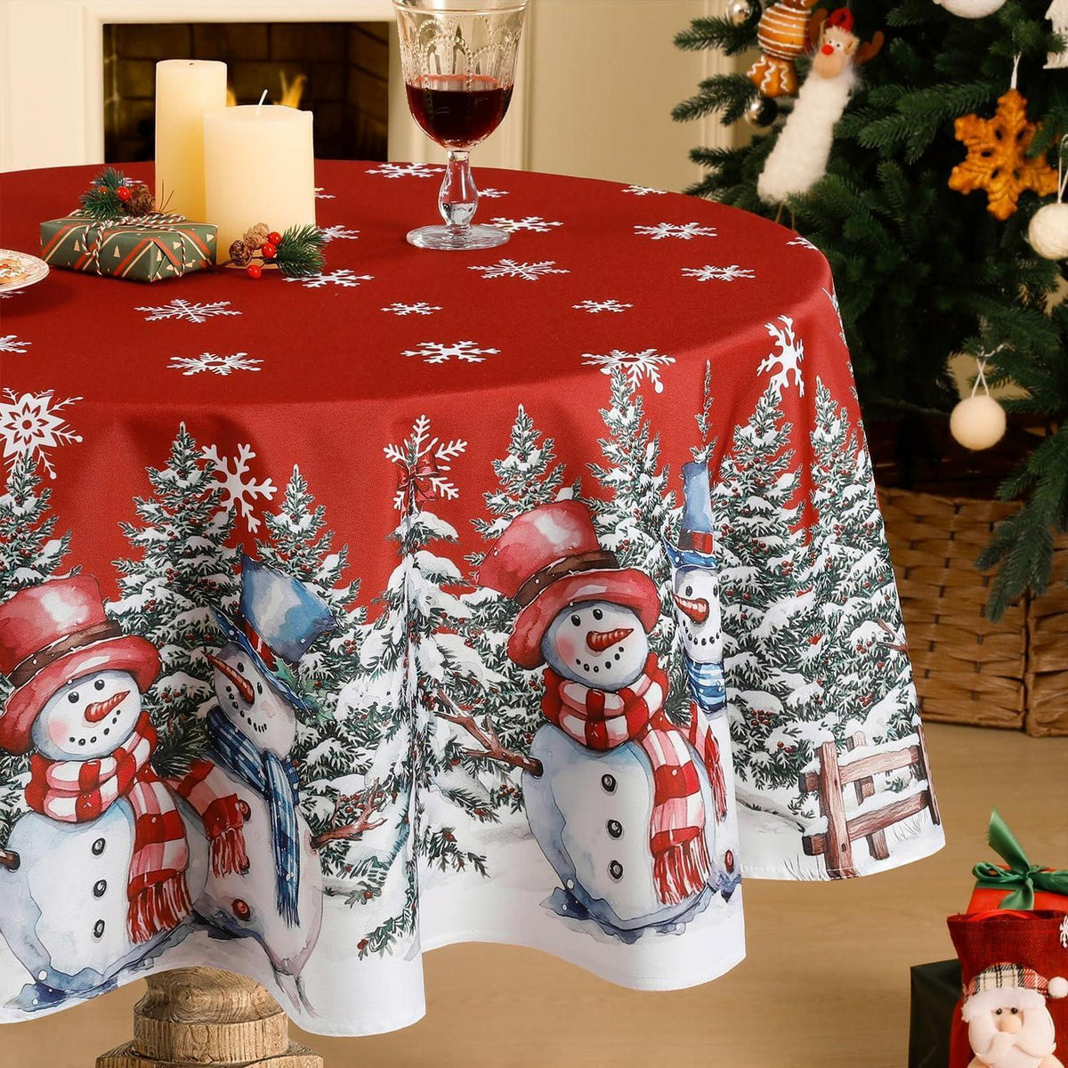 Rote Weihnachtliche Tischdecke Rund 160 cm mit Schneemann Dekor
