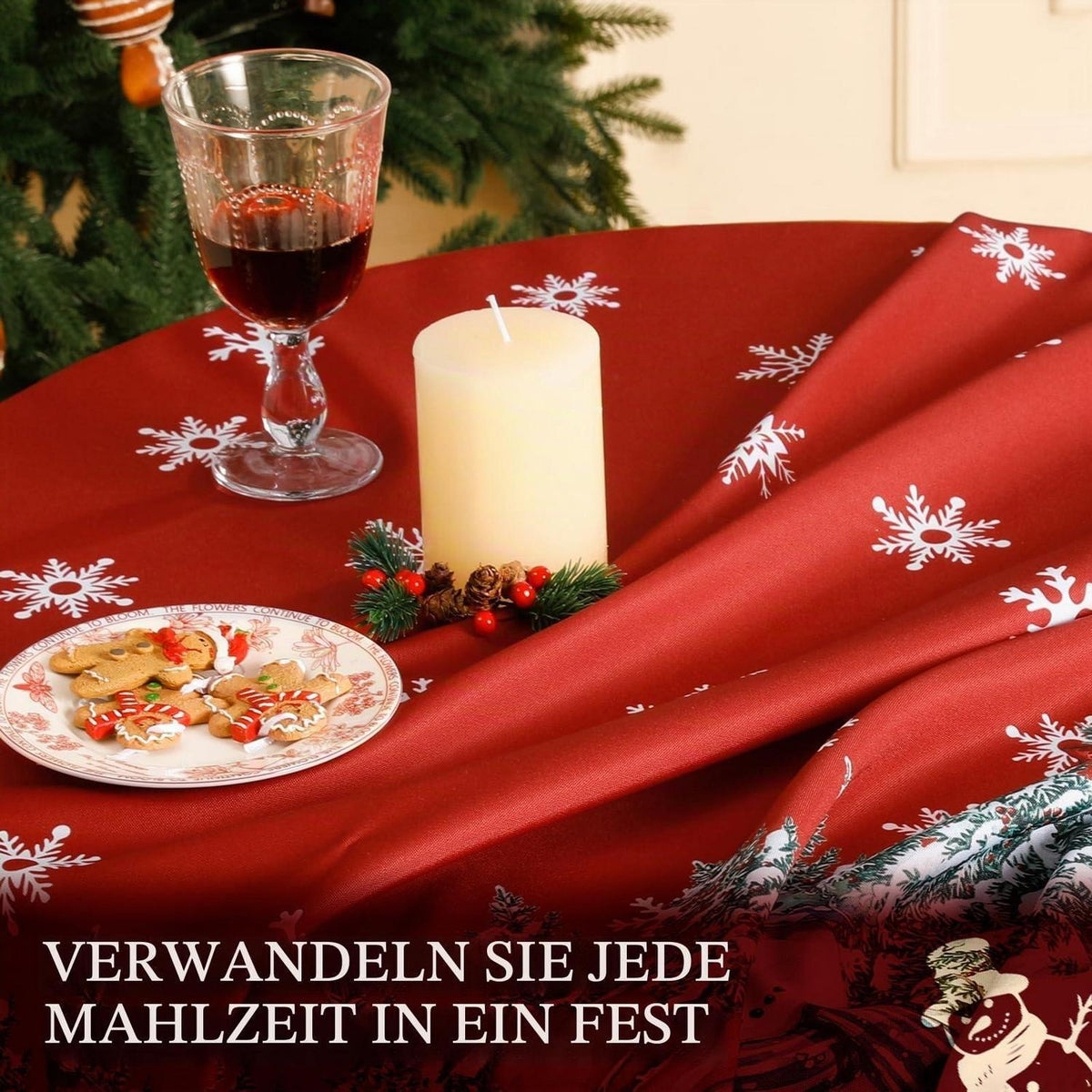 Rote Weihnachtliche Tischdecke Rund 160 cm mit Schneemann Dekor