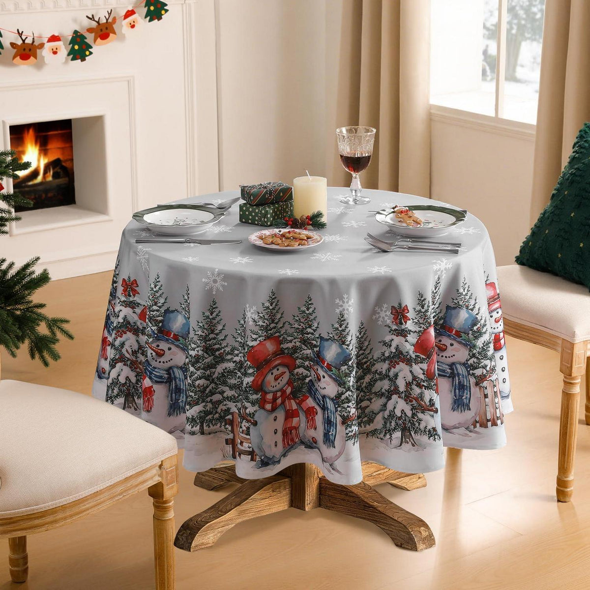 Weihnachts Tischdecke Grau Rund 160cm - Schneemann Motiv
