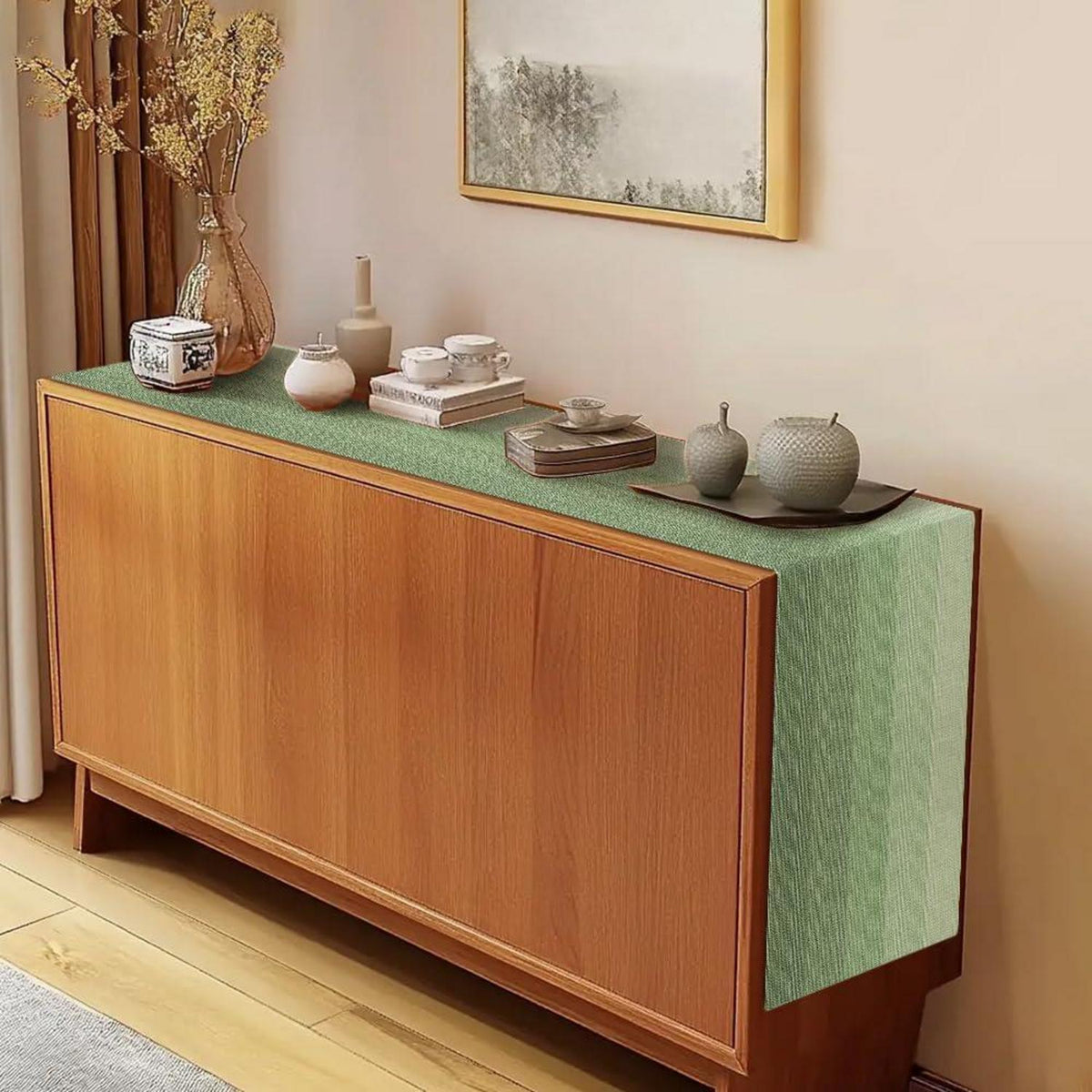 Tischläufer abwaschbar 40x140 cm Leinen Boho Eukalyptus Grün