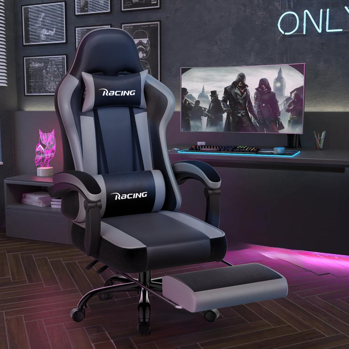 Ergonomischer Gaming Stuhl mit Fußstütze und Lendenkissen, Grau