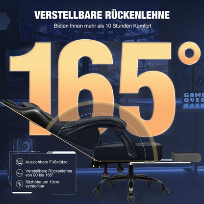 Ergonomischer Gaming Stuhl mit Fußstütze und Lendenkissen, Grau