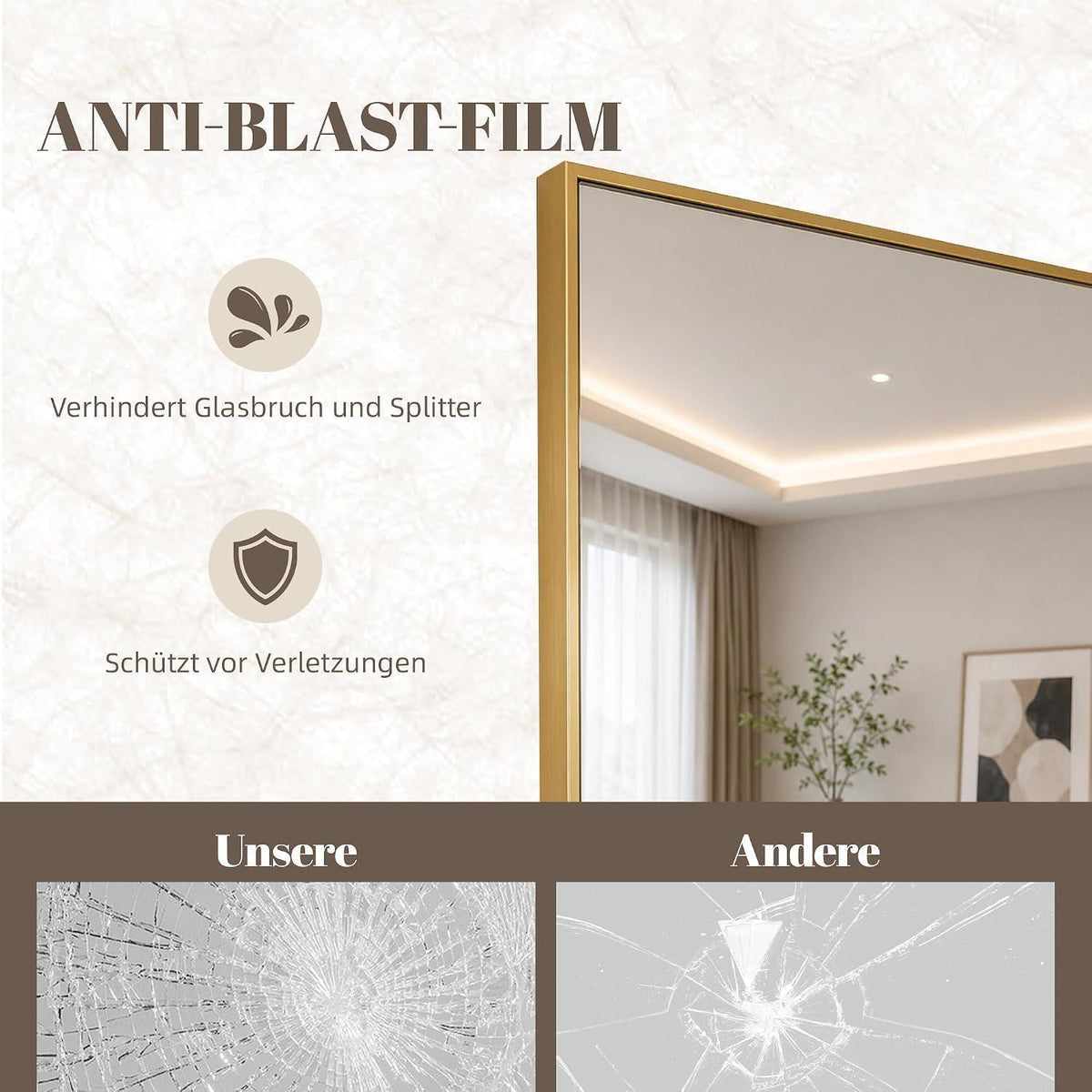 Ganzkörperspiegel 190cm, Stand- & Wandspiegel Gold, Metallrahmen
