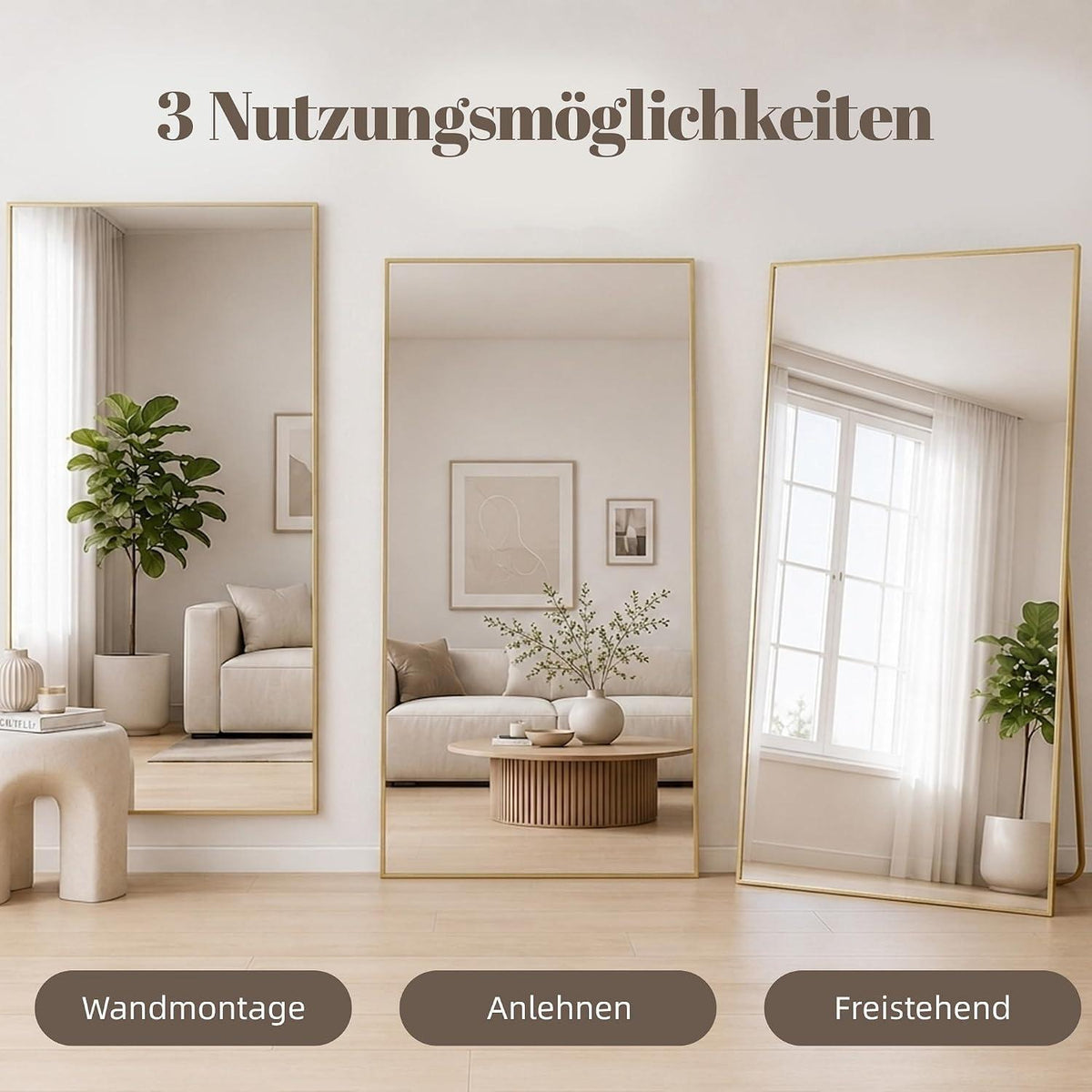 Ganzkörperspiegel 190cm, Stand- & Wandspiegel Gold, Metallrahmen