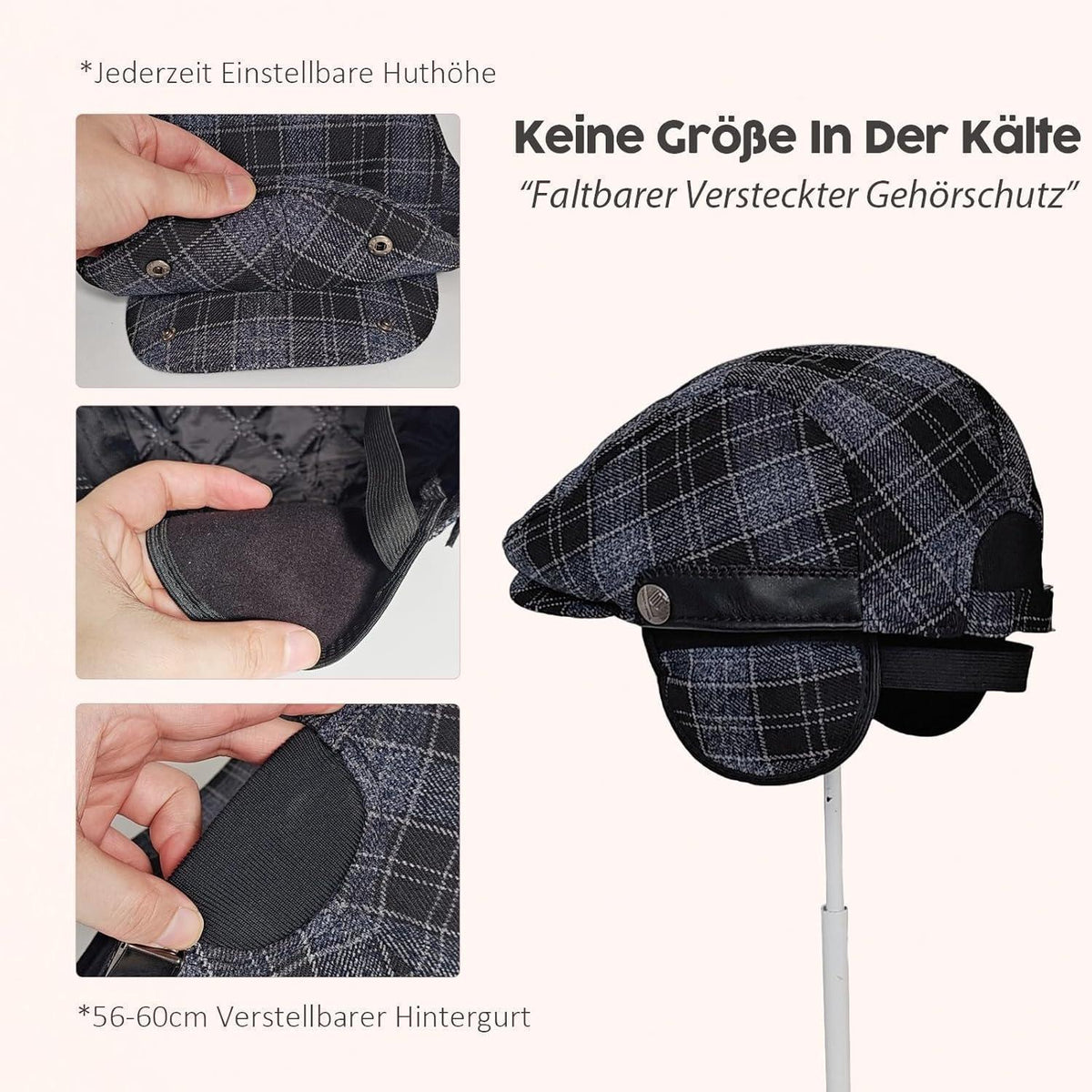 Verstellbare Herren Wintermütze mit Ohrenklappen - Blau Raster